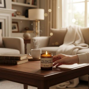 Puede incluir: Una vela encendida en un frasco de vidrio &aacute;mbar con una etiqueta blanca que presenta el texto negro "Only slags can smell this candle" y la marca "KLOAK" en negrita, sobre una mesa de madera junto a una taza de cer&aacute;mica blanca humeante.
