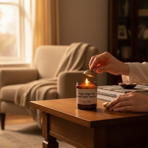 Puede incluir: Una vela en frasco de vidrio marr&oacute;n con una mecha encendida y una etiqueta que dice "Only slags can smell this candle" seguida de la palabra "KLOAK". La vela se est&aacute; apagando con un apagavelas de metal en forma de campana.