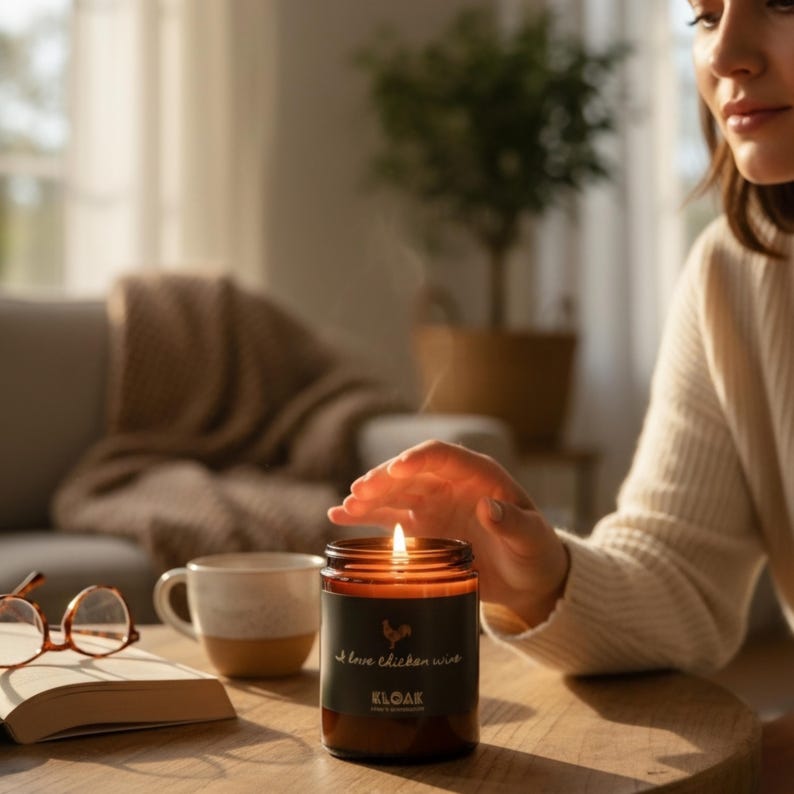 May include: A lit brown glass candle jar with a black label that reads "I love chicken wire" and "KLOAK". The candle is on a wooden table next to a cup, book, and glasses. The candle is burning with a bright flame.