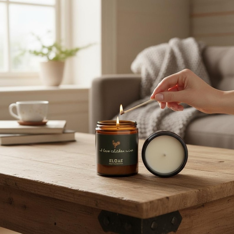 May include: A lit candle in a brown glass jar with a black lid next to it. The candle has a label that reads "I love chicken wine" and "KLOAK". A match is being used to light the candle. The candle is on a wooden table.