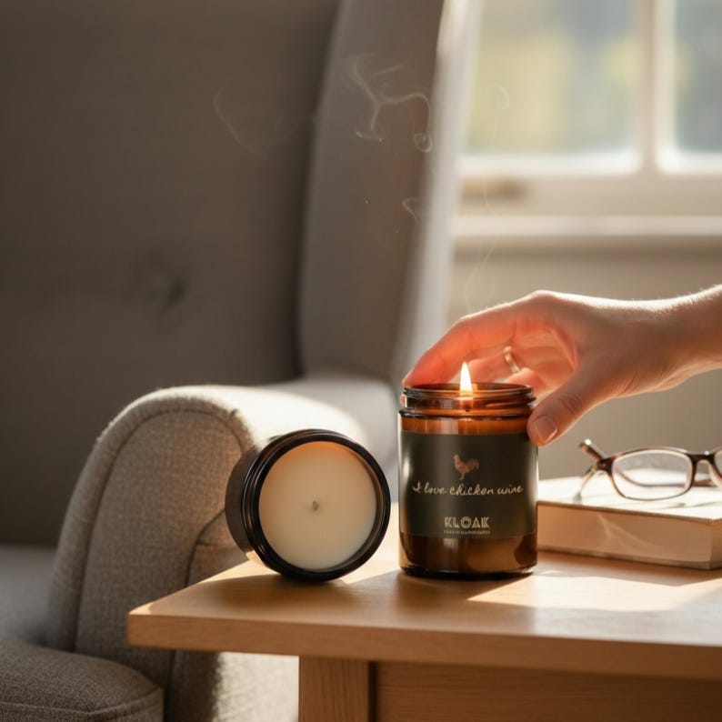 May include: A lit candle in a brown glass jar with a black lid sits on a wooden table. The candle has a label that reads "I love chicken wine" with a rooster graphic. A second candle is visible, along with a book and glasses.