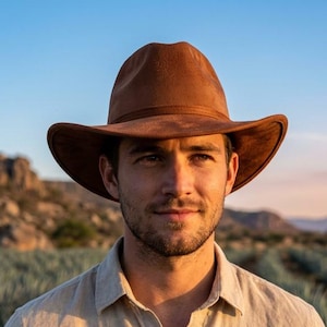 Op de afbeelding: Een bruine suède cowboyhoed met een brede rand en een bijpassende band, gecombineerd met een lichtbeige overhemd met lange mouwen, knoopsluiting, een borstzak en opgerolde mouwen, gedragen in een buitenomgeving met een helderblauwe lucht.