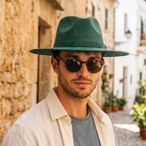 Groene fedora hoed voor heren, handgemaakte suède hoed uit Mexico, herenhoed met brede rand, zomerhoed