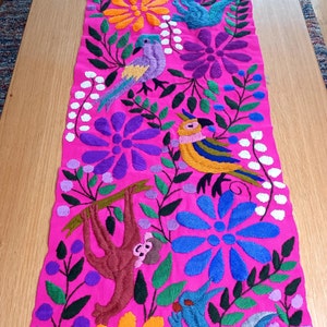Mexican table runner, handwoven and embroidered, colorful animal pattern, colorful decor, weaving art