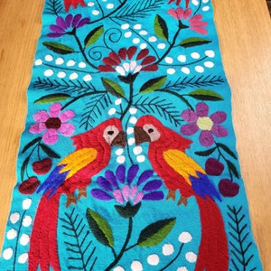 Mexican table runner, hand woven and embroidered, colorful animal pattern, colorful decor, weaving art