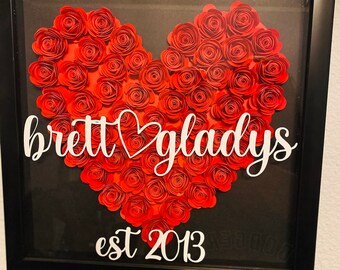 Personalized Flower Shadow box 12x12/Handmade Flowers/Anniversary/Personalized/Valentine's Gift