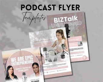 3 modelli di volantini per podcast femminili, modello di podcast modificabile, volantino per podcast, volantino per podcast Canva, volantino per social media