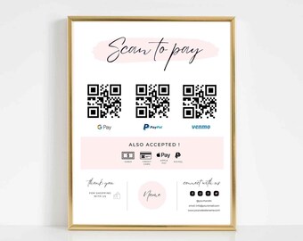 Blush Pink Editable QR Code Sign Canva Template, Printable Scan To Pay Sign, Small Business Custom QR Code Sign, FREE Icons - MGB01