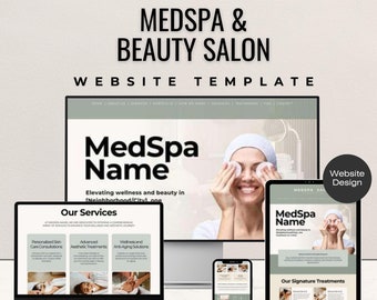 May include: Website design template for a med spa and beauty salon. The template features a green and white color scheme with images of a woman receiving a facial treatment. The text on the website includes the words "MedSpa Name", "Our Services", "Advanced Aesthetic Treatments", and "Our Signature Treatments".