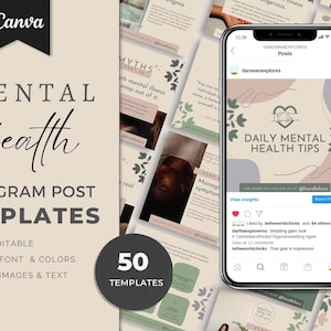 May include: A collection of 50 Instagram post templates for mental health awareness. The templates feature a variety of designs with calming colors and nature-inspired elements. The text "DAILY MENTAL HEALTH TIPS" is featured on one of the templates.