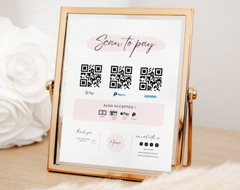 Blush Pink Editable QR Code Sign Canva Template, Printable Scan To Pay Sign, Small Business Custom QR Code Sign, FREE Icons - MGB01
