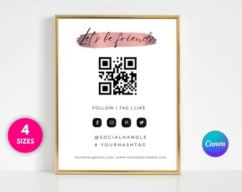 Modello di segnaletica codice QR per social media in oro rosa, segnaletica codice QR personalizzato per piccole imprese, segnaletica social media aziendale con codice QR - MGB18