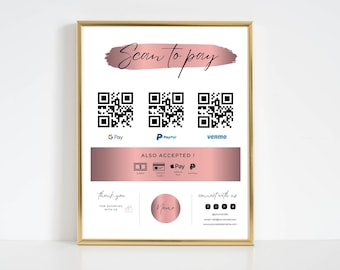 Dark Rose Gold Editable QR Code Sign Canva Template, Printable Scan To Pay Sign, Small Business Custom QR Code Sign, FREE Icons - MGB18