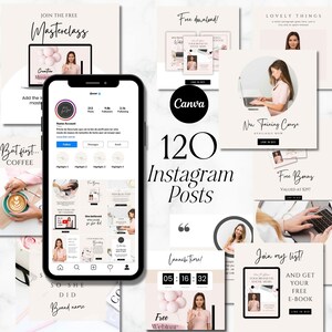 Könnte beinhalten: Eine Sammlung von 120 Instagram-Post-Vorlagen mit einer weichen, femininen Ästhetik. Das Design umfasst Bilder eines Smartphones, Laptops und einer Kaffeetasse, mit Text-Overlays wie "Masterclass", "Free Webinar" und "New Training Course".