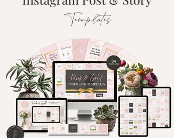 84 Pink and Gold Instagram Post & Story Templates, Canva Instagram Templates, Pink Branding, Canva