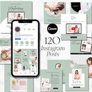以下が含まれることがあります： 緑とピンクのカラーテーマでデザインされた、120個のInstagram投稿テンプレートのセットです。テンプレートには、「新着動画はこちら」、「無料」、「ブランディング」、「今日のヒント」などのテキストが含まれています。