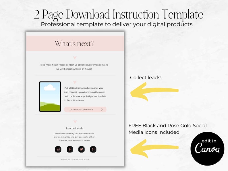 May include: A two-page download instruction template for digital products. The template features a pink and white color scheme with a simple design. It includes a section for collecting leads, a section for social media icons, and a call to action to learn more. The template is editable in Canva.
