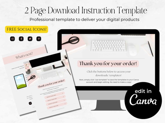 Digital Products Template, Download Instruction Template for Digital Product Sellers, PDF Deliverable Template, FREE Social Icons - MGB15