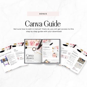 May include: A Canva Guide with a pink and white floral design on the cover. The guide includes information on how to make a Canva account, photo included, Canva basics, contents, grid view, and transparency.