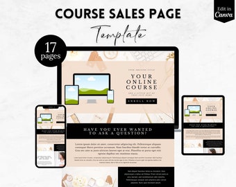 Op de afbeelding: Een mockup van een website-verkooppagina voor een online cursus. De sjabloon heeft een perzikkleurige achtergrond met een zwart-wit ontwerp. De tekst op de pagina luidt "Uw online cursus" en "Wilde je ooit een vraag stellen?"