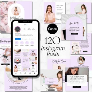 Op de afbeelding: Een collage van 120 Instagram-posttemplates met een paars en wit kleurenschema. De templates bevatten tekst zoals "Maak kennis met uw virtuele assistent", "Nieuwe blogpost", "Top 10 tips voor groot succes" en "Wat uw coach".