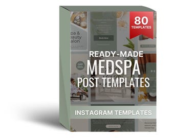 May include: A box of 80 ready-made Instagram post templates for Medspas. The box is green and features images of spa treatments and products. The text "READY-MADE MEDSPA POST TEMPLATES" is in large, white letters on the front of the box.