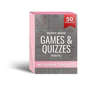 Può includere: Una scatola rosa con bordo bianco che contiene 50 modelli Instagram per giochi e quiz. La scatola ha il testo "READY-MADE GAMES & QUIZZES POSTS INSTAGRAM TEMPLATES" sul davanti.