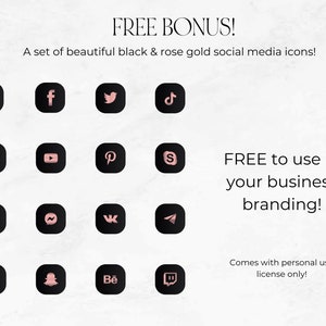 May include: A set of 15 black and rose gold social media icons. The icons include Instagram, Facebook, Twitter, TikTok, LinkedIn, YouTube, Pinterest, Snapchat, Phone, Messenger, VK, Telegram, WhatsApp, Snapchat, Behance, and Twitch. FREE to use in your business branding. Comes with personal use license only.