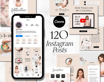 May include: A collection of 120 Instagram post templates for business owners. The templates feature a variety of designs, including motivational quotes, product promotions, and event announcements. The templates are designed to help businesses grow their online presence and engage with their followers.