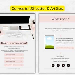 May include: A pink and white digital download thank you page with instructions on how to access the downloadable templates. The page includes a desktop computer, a keyboard, a mouse, and a pink flower arrangement. The text on the page reads "Thank you for your order!" and "Click the buttons below to access your downloads/templates".