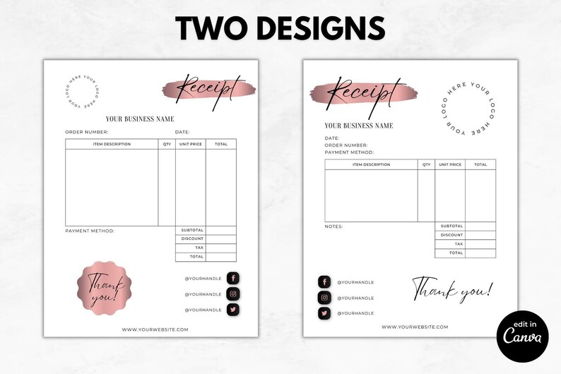 Dark Rose Gold Canva Receipt Template for Small Business Small