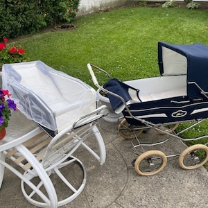 Vintage Perego 1975 Made in Italy the Cadillac of Baby Stroller Carriage Bassinet combo set in Blue Velvet. A Queens Eye Catcher