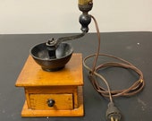 Antique Cast-Iron and Wood Coffee Grinder Lamp - Untested