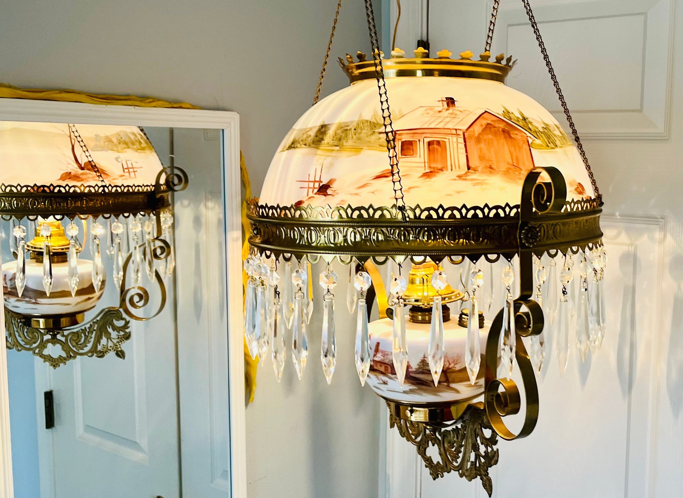 Antique Victorian Hanging Parlor Electrified Oil Lamp Matching Scenic Shade and Font with 40 Dangling Spear Prisms