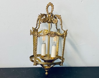 Antique Ornate French Style 2-Bulb Brass Lantern Hanging Pendant Light Fixture