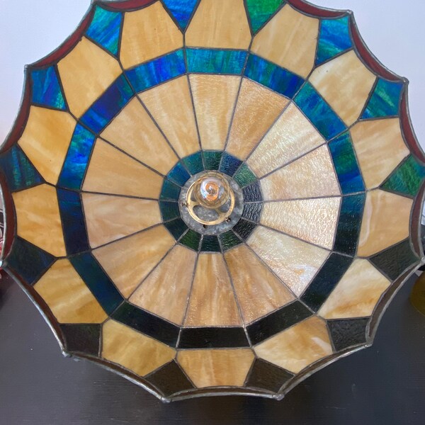 Vintage 21" Tiffany Style Amber/Green/Blue Stained Glass Pendant Hanging Ceiling Light Fixture
