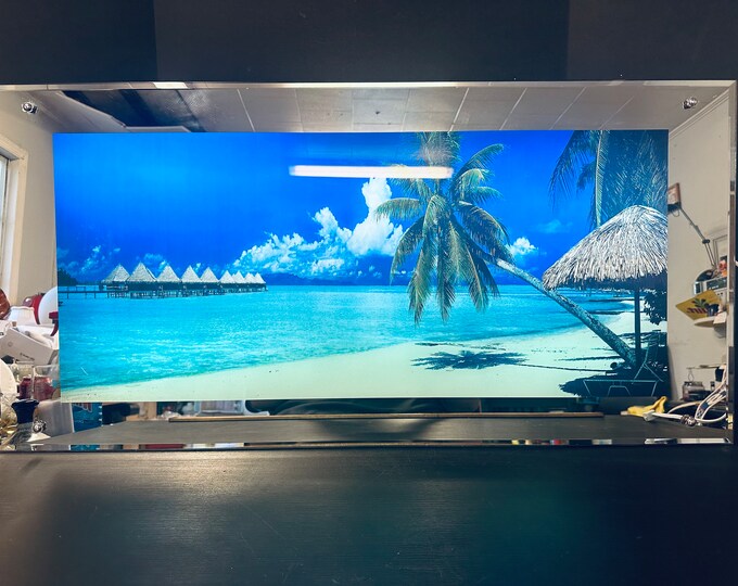 Vintage 39 Mirrored Lightup Motion Picture Art Tropical Island, Huts