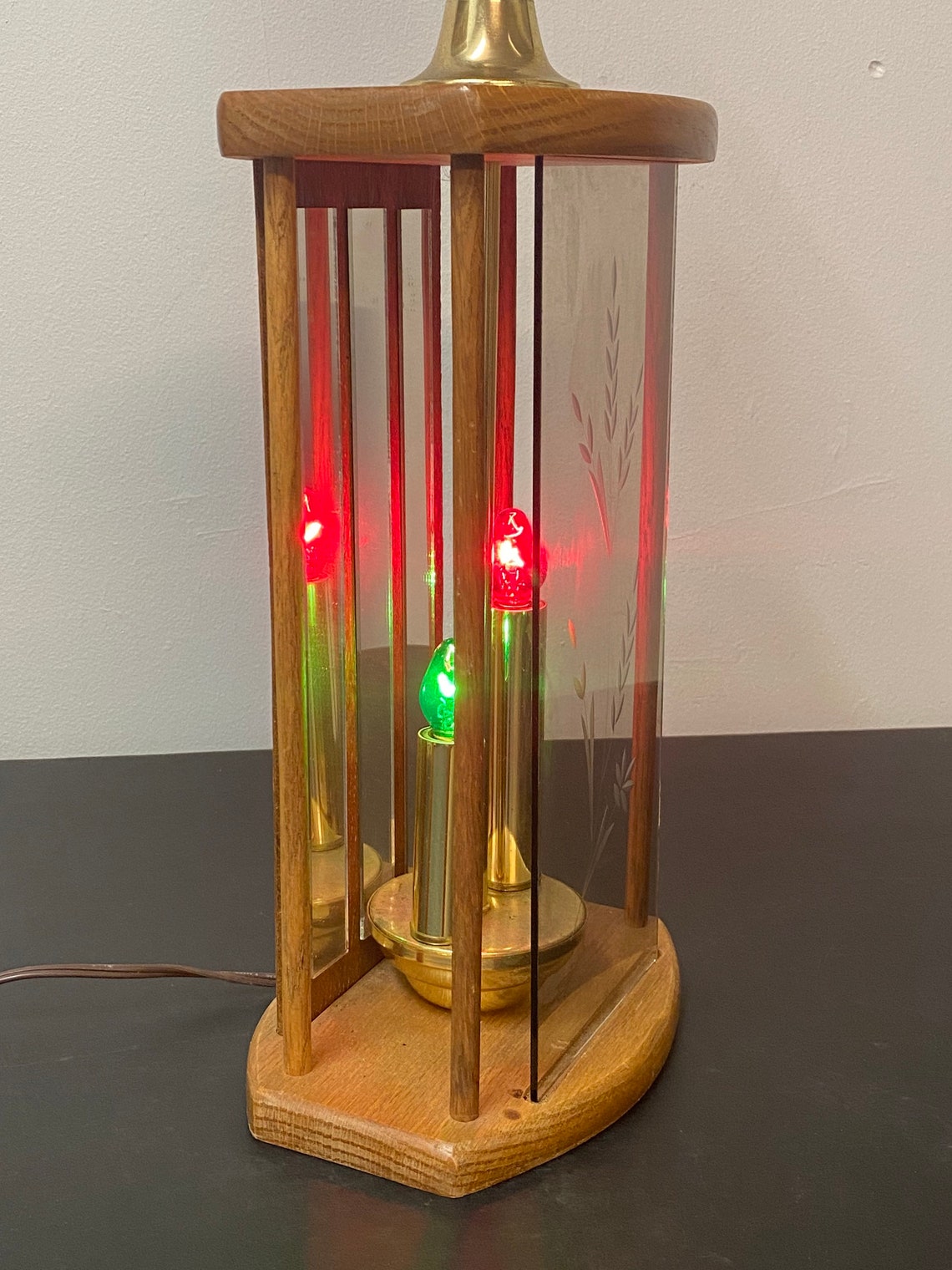 Vintage Oak Brass Smoked Etched Beveled Glass Table Lamps Etsy