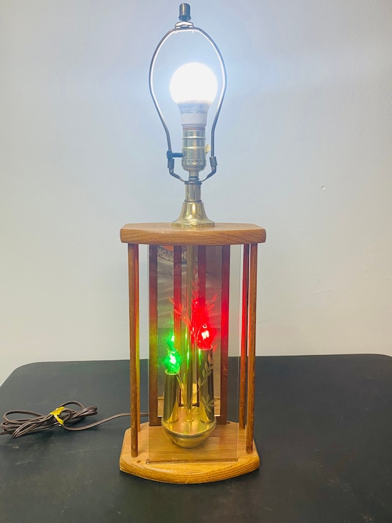 Vintage Oak Brass Smoked Etched Beveled Glass Table Lamps Candle