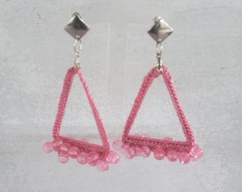 Pink Beaded Triangle Crochet Stud Earrings