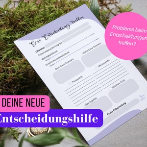 Puede incluir: Una hoja de trabajo imprimible para la toma de decisiones con un diseño morado y blanco. La hoja de trabajo incluye secciones para identificar el dilema, enumerar los pros y los contras y tomar una decisión final.