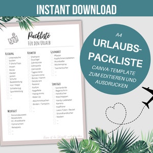 Packing list for vacation - fully editable - CANVA template - A4 - INSTANT DOWNLOAD - download and print yourself - German