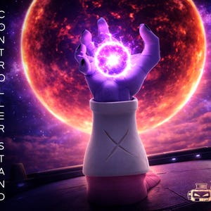 May include: A purple hand holding a glowing orb against a cosmic backdrop. The image features the text "Frieza Controller Stand" in white, with a logo in the bottom right corner. The background includes a large red planet and a starry sky.