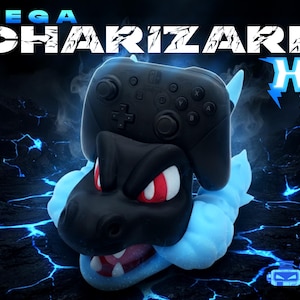 May include: A black Charizard figure with a Switch controller on top. The figure has red eyes and a blue flame-like design. The words "MEGA CHARIZARD X" are at the top, with a dark background and lightning effects.