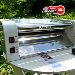 May include: A white electric dough roller machine with a 19.7 inch width, featuring two horizontal stainless steel rollers, a power switch labelled ON and OFF, and a speed control switch labelled ON1, OFF, and ON2, with a power cord and plug.