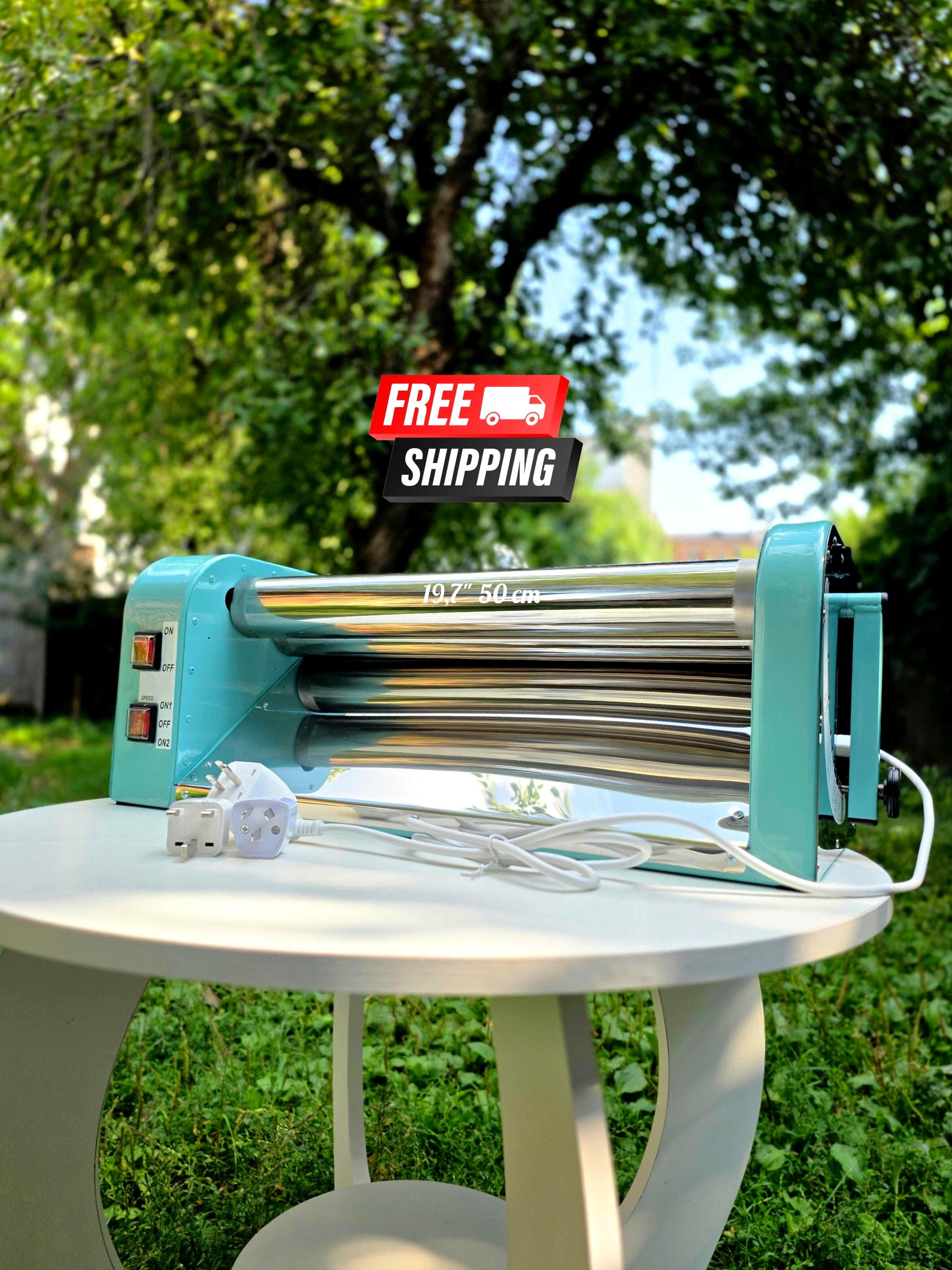 Listing photo: Professional electric dough sheeter machine, pizza dough roller 15.7" rolling pin, baking clipart, cookie cutter, croissant, kitchen decor