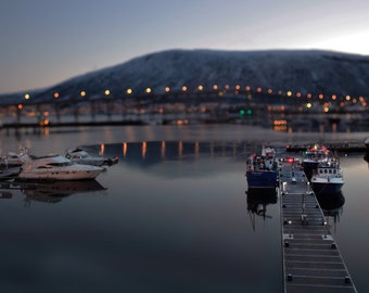 Tromso Harbour at twilight Mounted Print