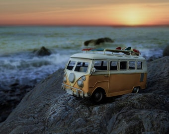 Watching The Sun Go Down Framed Print- Camper Van at seaside