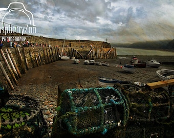 Clovelly Porth Fishing Creels Framed Print- Clovelly Cornwall