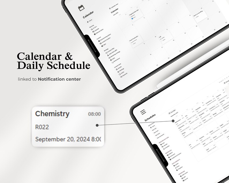 Peut inclure: Deux smartphones affichent une interface de calendrier et d'emploi du temps. Le texte "Calendar & Daily Schedule" est au-dessus d'un lien vers le centre de notifications. Une fen&ecirc;tre contextuelle affiche "Chemistry" &agrave; 8h00 le 20 septembre 2024. L'interface est blanche avec du texte noir.
